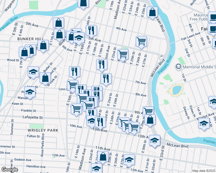map of restaurants, bars, coffee shops, grocery stores, and more near 333 East 22nd Street in Paterson