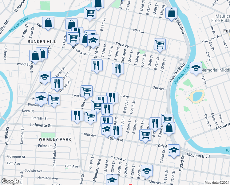 map of restaurants, bars, coffee shops, grocery stores, and more near 341 East 19th Street in Paterson