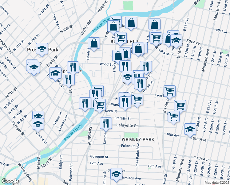 map of restaurants, bars, coffee shops, grocery stores, and more near 72 Lyon Street in Paterson