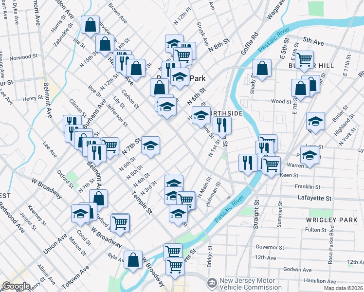 map of restaurants, bars, coffee shops, grocery stores, and more near in Paterson