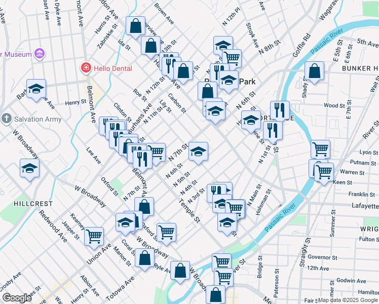 map of restaurants, bars, coffee shops, grocery stores, and more near 180 Jefferson Street in Paterson