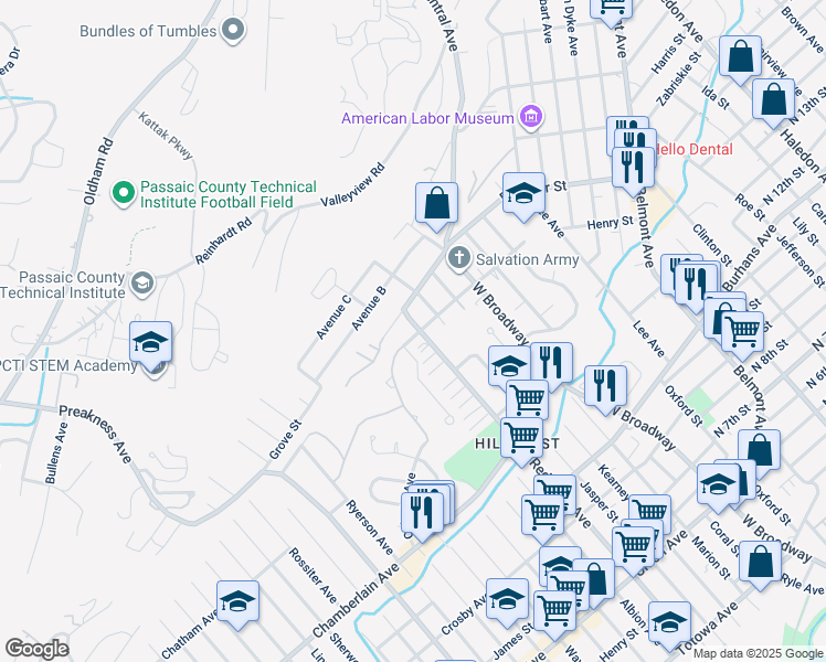 map of restaurants, bars, coffee shops, grocery stores, and more near 357 Redwood Avenue in Paterson