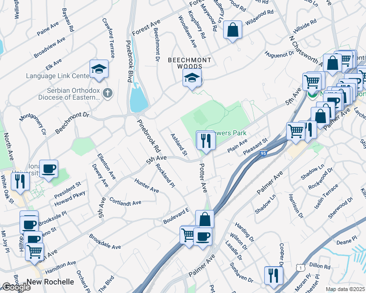 map of restaurants, bars, coffee shops, grocery stores, and more near 31 Ashland Street in New Rochelle