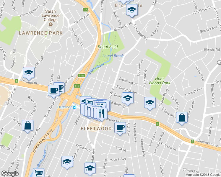 map of restaurants, bars, coffee shops, grocery stores, and more near 688 Gramatan Avenue in Mount Vernon