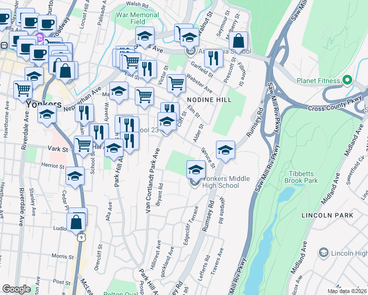 map of restaurants, bars, coffee shops, grocery stores, and more near 58 Cedar Street in Yonkers