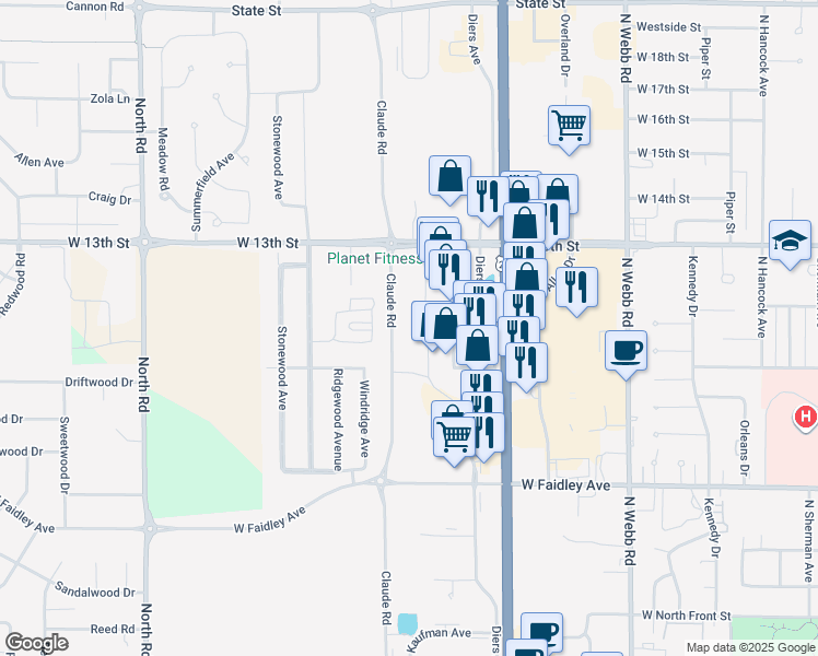 map of restaurants, bars, coffee shops, grocery stores, and more near 1004 Diers Avenue in Grand Island