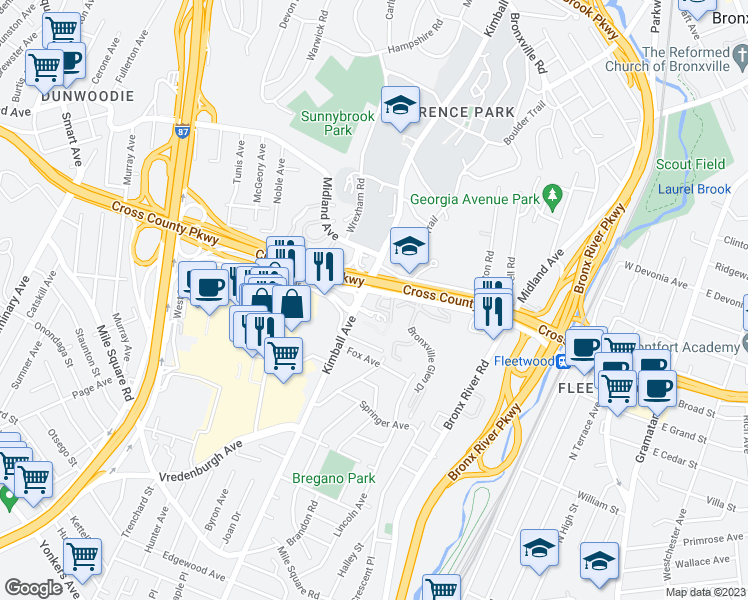 map of restaurants, bars, coffee shops, grocery stores, and more near 1288 Midland Avenue in Yonkers