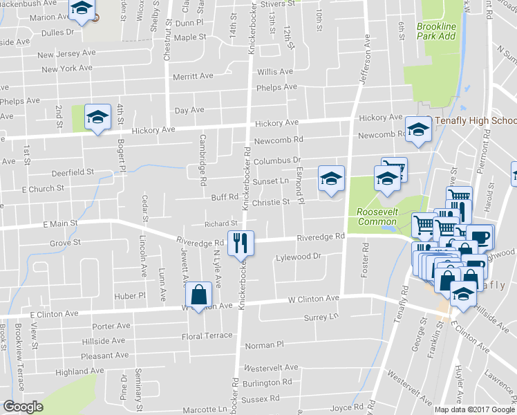 map of restaurants, bars, coffee shops, grocery stores, and more near 110 Christie Street in Tenafly