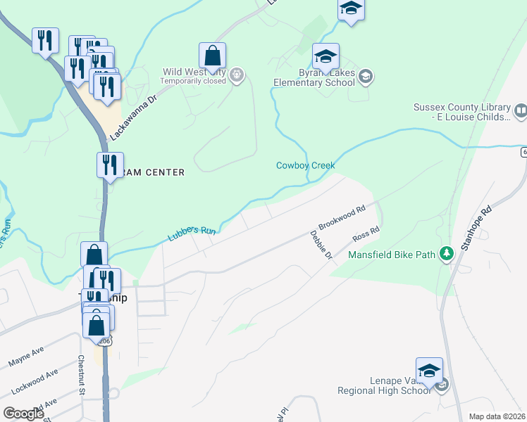 map of restaurants, bars, coffee shops, grocery stores, and more near 3 Sandy Brook Road in Stanhope