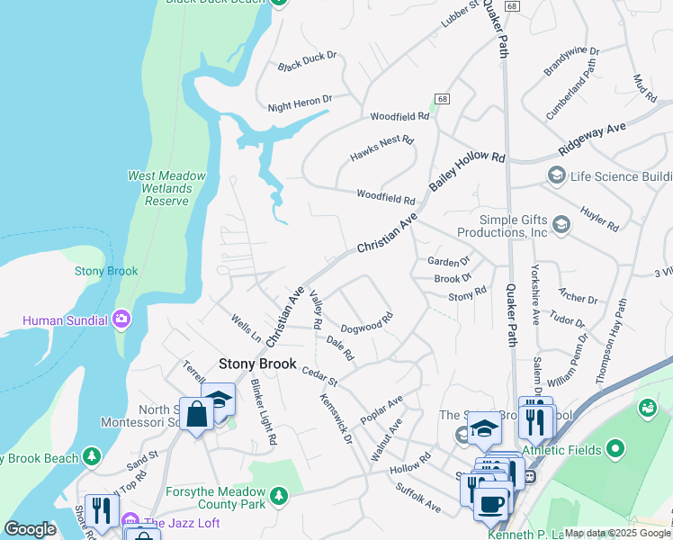map of restaurants, bars, coffee shops, grocery stores, and more near 164 Christian Avenue in Stony Brook