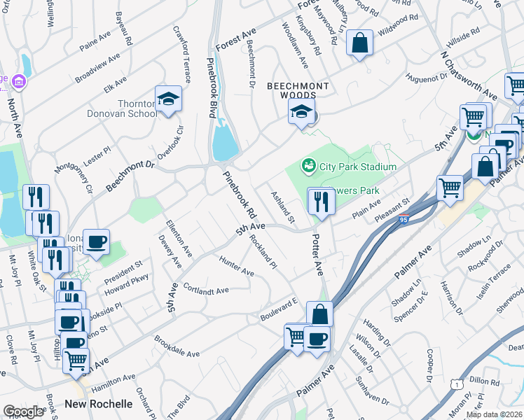 map of restaurants, bars, coffee shops, grocery stores, and more near 24 Crestview Street in New Rochelle