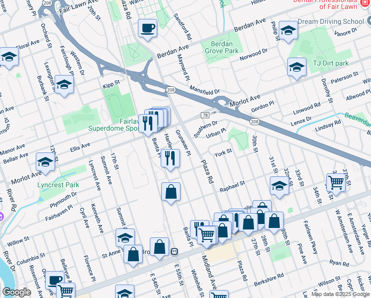 map of restaurants, bars, coffee shops, grocery stores, and more near 4-49 Hartley Place in Fair Lawn