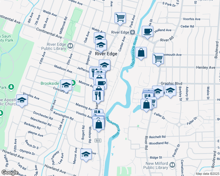 map of restaurants, bars, coffee shops, grocery stores, and more near 21 Madison Ave in River Edge