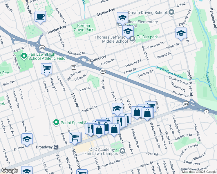 map of restaurants, bars, coffee shops, grocery stores, and more near 3-44 31st Street in Fair Lawn