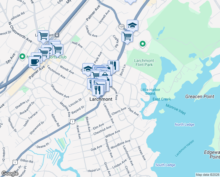 map of restaurants, bars, coffee shops, grocery stores, and more near 48 Monroe Avenue in Larchmont