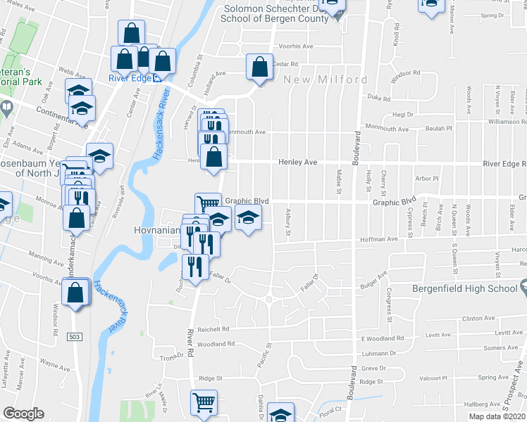 map of restaurants, bars, coffee shops, grocery stores, and more near 779 Walnut Street in New Milford
