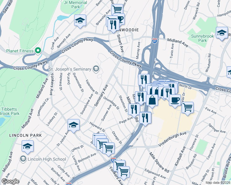 map of restaurants, bars, coffee shops, grocery stores, and more near 125 Staunton Street in Yonkers