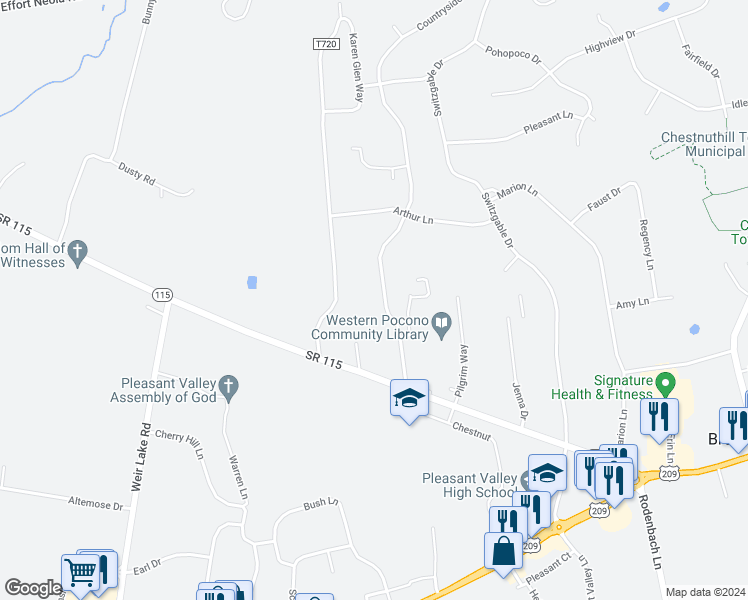 map of restaurants, bars, coffee shops, grocery stores, and more near 147 Countryside Drive in Brodheadsville