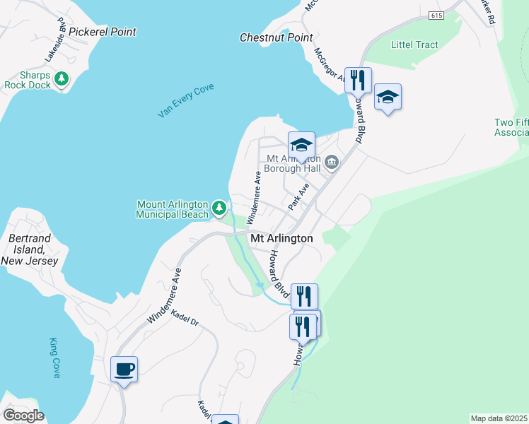 map of restaurants, bars, coffee shops, grocery stores, and more near 10 Windemere Avenue in Mount Arlington