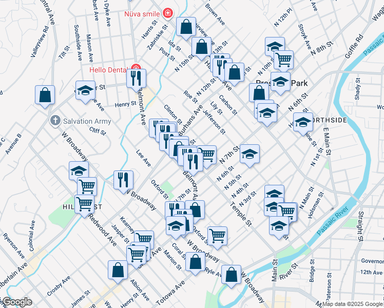 map of restaurants, bars, coffee shops, grocery stores, and more near 224 Temple Street in Paterson