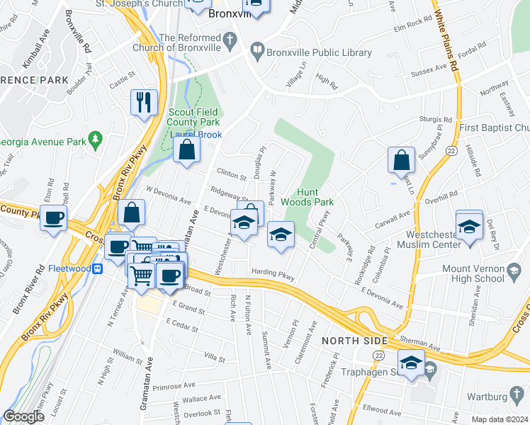 map of restaurants, bars, coffee shops, grocery stores, and more near 30 Parkway West in Mount Vernon
