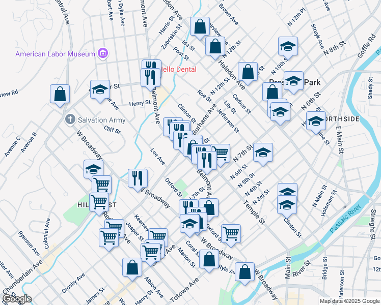 map of restaurants, bars, coffee shops, grocery stores, and more near 55 North 10th Street in Paterson