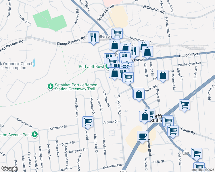 map of restaurants, bars, coffee shops, grocery stores, and more near 71 Clifton Place in Port Jefferson Station