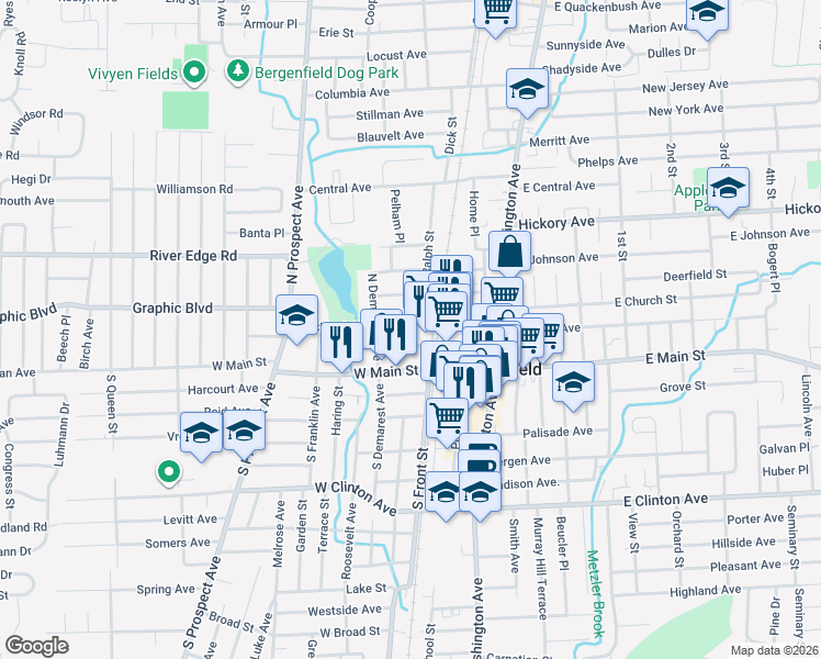 map of restaurants, bars, coffee shops, grocery stores, and more near 78 West Church Street in Bergenfield