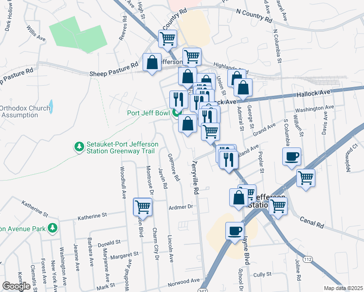 map of restaurants, bars, coffee shops, grocery stores, and more near 71 Clifton Place in Port Jefferson Station