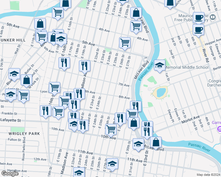 map of restaurants, bars, coffee shops, grocery stores, and more near 297 East 25th Street in Paterson