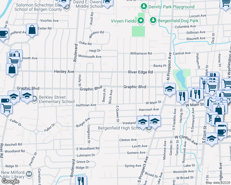 map of restaurants, bars, coffee shops, grocery stores, and more near 50 North Queen Street in Bergenfield