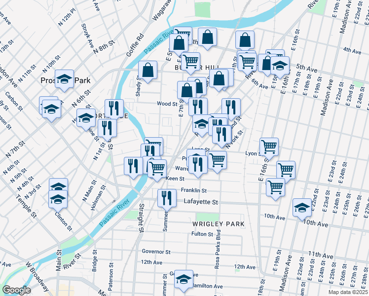 map of restaurants, bars, coffee shops, grocery stores, and more near River Street & Lyon Street in Paterson