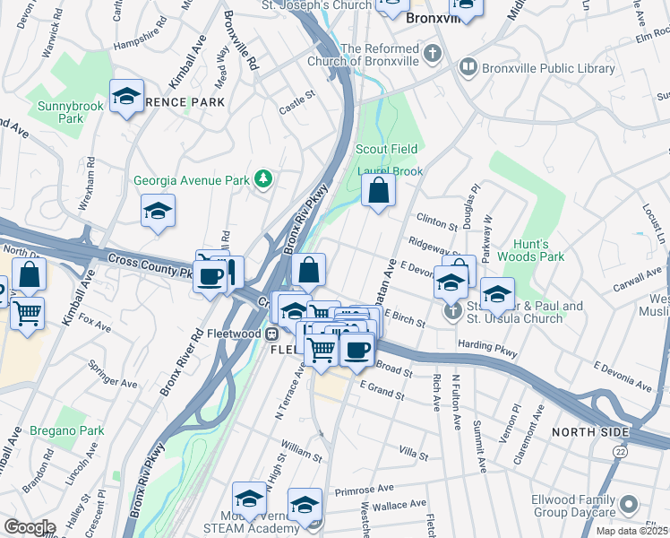 map of restaurants, bars, coffee shops, grocery stores, and more near 325 Packman Avenue in Mount Vernon