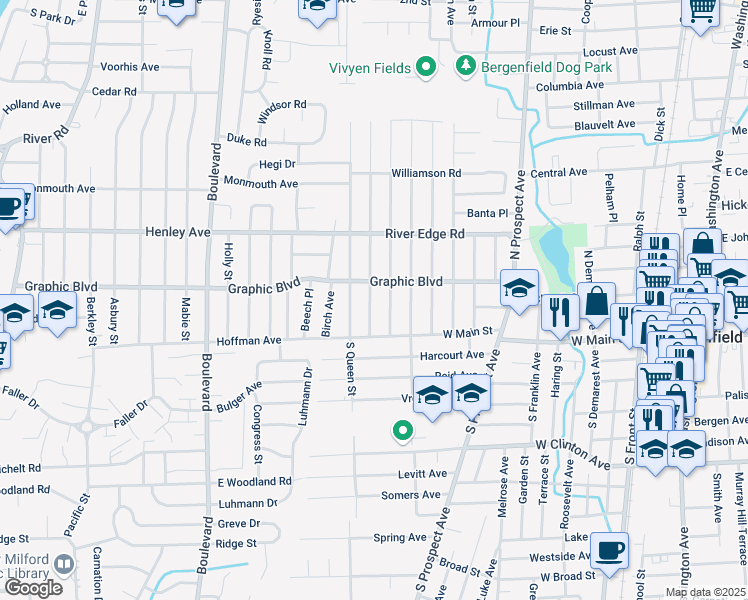 map of restaurants, bars, coffee shops, grocery stores, and more near 49 Woods Avenue in Bergenfield