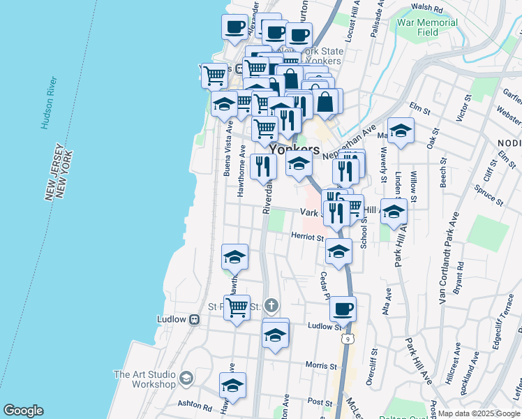 map of restaurants, bars, coffee shops, grocery stores, and more near in Yonkers