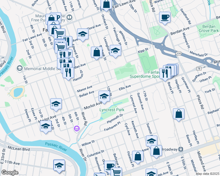 map of restaurants, bars, coffee shops, grocery stores, and more near 12-06 Bellair Avenue in Fair Lawn