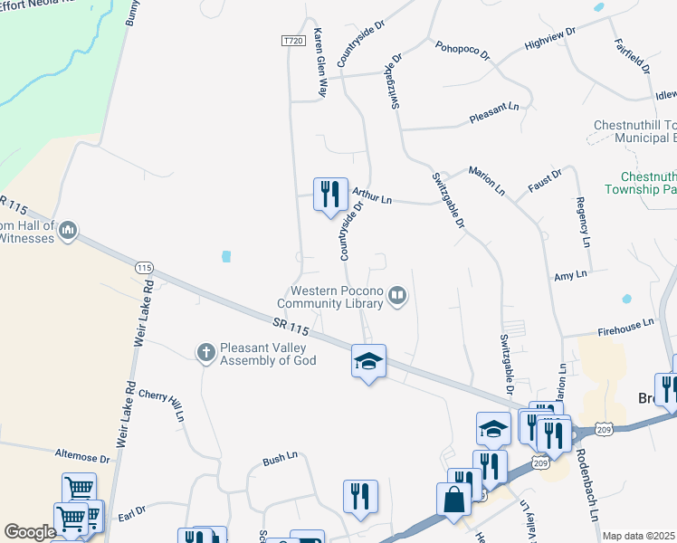 map of restaurants, bars, coffee shops, grocery stores, and more near 147 Countryside Drive in Brodheadsville