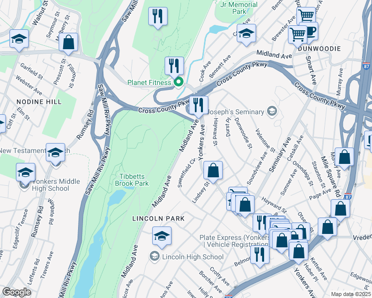 map of restaurants, bars, coffee shops, grocery stores, and more near 600 Midland Avenue in Yonkers