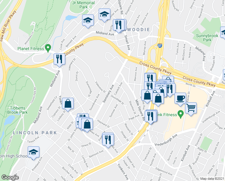 map of restaurants, bars, coffee shops, grocery stores, and more near 152 Seminary Avenue in Yonkers