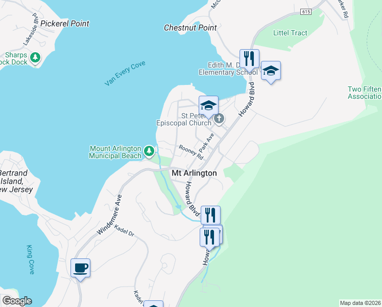 map of restaurants, bars, coffee shops, grocery stores, and more near 10 Windemere Avenue in Mount Arlington