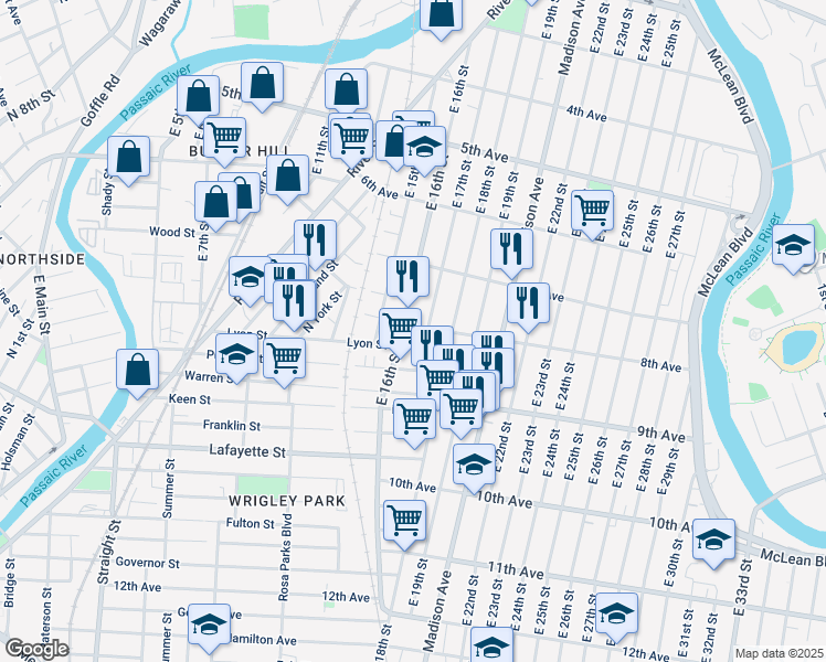 map of restaurants, bars, coffee shops, grocery stores, and more near 247 East 16th Street in Paterson