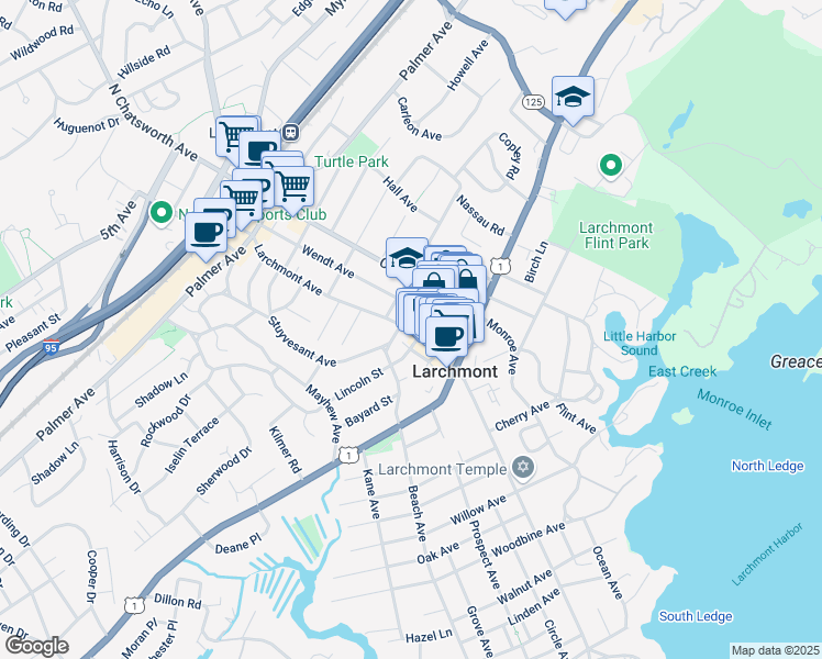 map of restaurants, bars, coffee shops, grocery stores, and more near 165 Larchmont Avenue in Larchmont