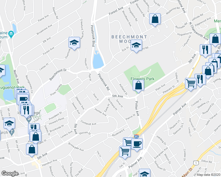 map of restaurants, bars, coffee shops, grocery stores, and more near 24 Crestview Street in New Rochelle