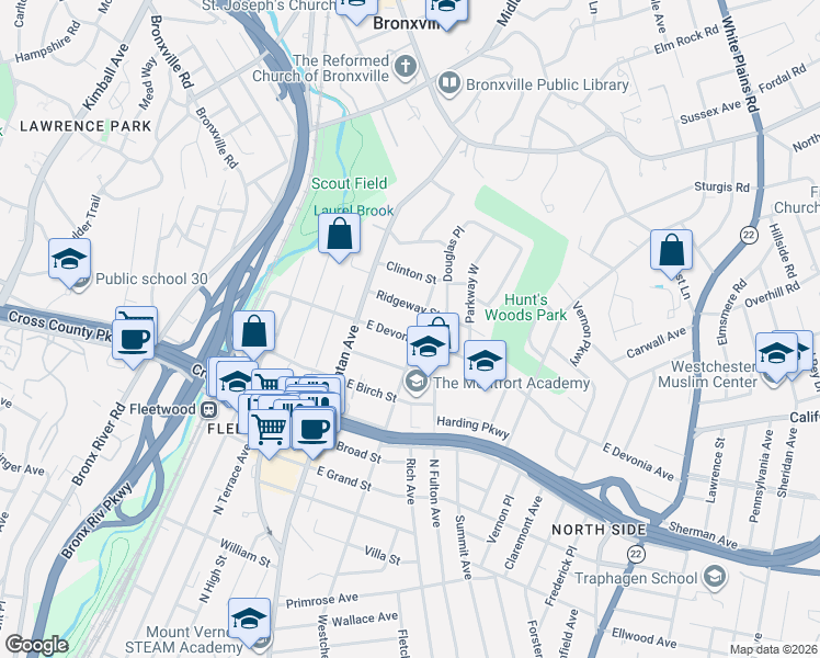 map of restaurants, bars, coffee shops, grocery stores, and more near 549 Westchester Avenue in Mount Vernon