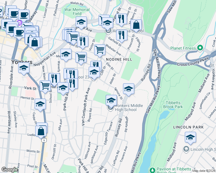 map of restaurants, bars, coffee shops, grocery stores, and more near 57 Spruce Street in Yonkers