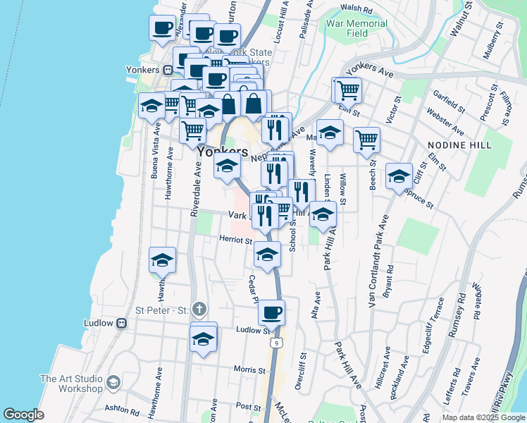 map of restaurants, bars, coffee shops, grocery stores, and more near 144 South Broadway in Yonkers