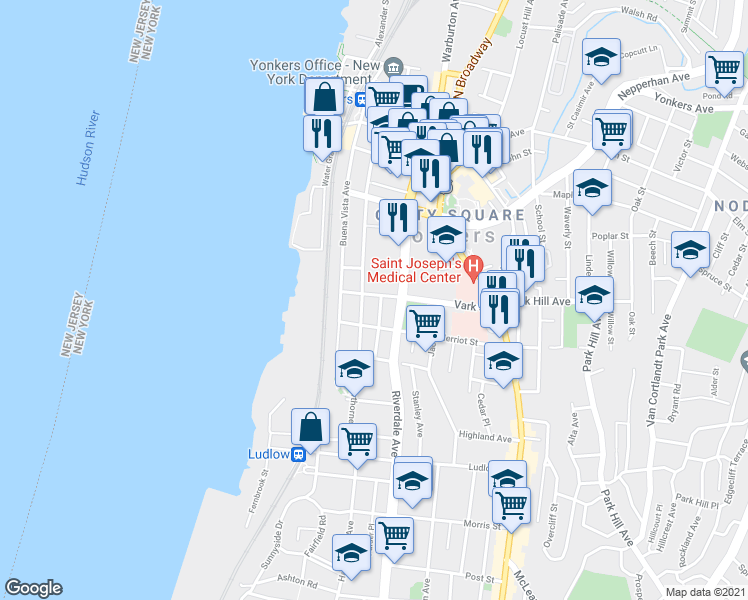 map of restaurants, bars, coffee shops, grocery stores, and more near 110 Hawthorne Avenue in Yonkers