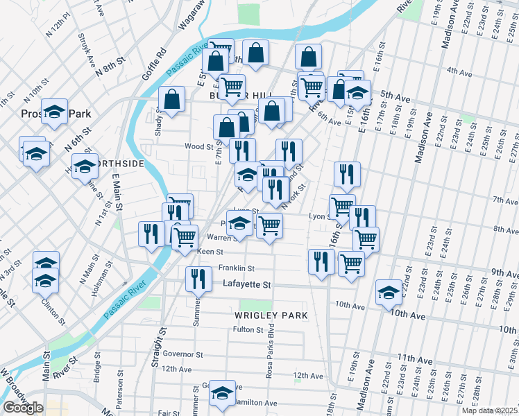 map of restaurants, bars, coffee shops, grocery stores, and more near 105 Lyon Street in Paterson