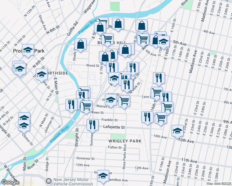 map of restaurants, bars, coffee shops, grocery stores, and more near 105 Lyon Street in Paterson