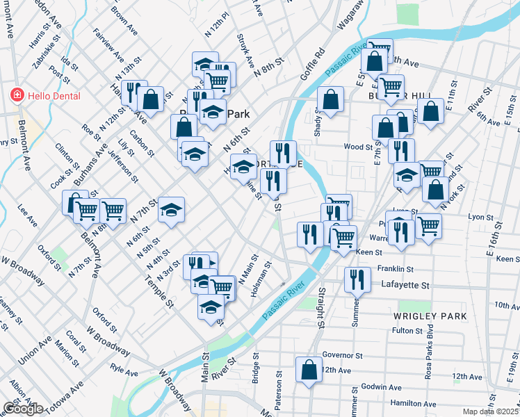 map of restaurants, bars, coffee shops, grocery stores, and more near 144 North 1st Street in Paterson